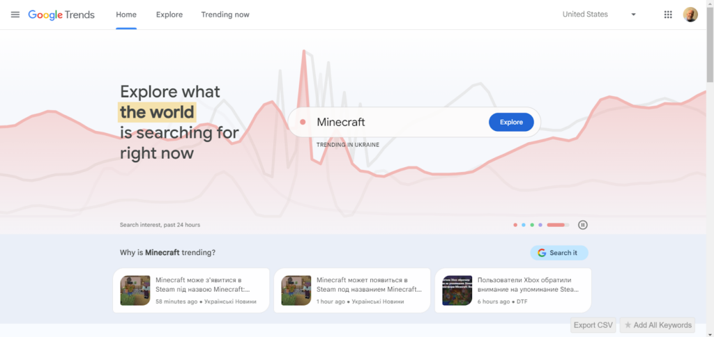 Google Trends homepage showing trending searches with Minecraft highlighted