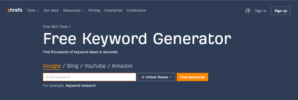 Ahrefs Free Keyword Generator tool interface with options to search keywords on Google, Bing, YouTube, and Amazon