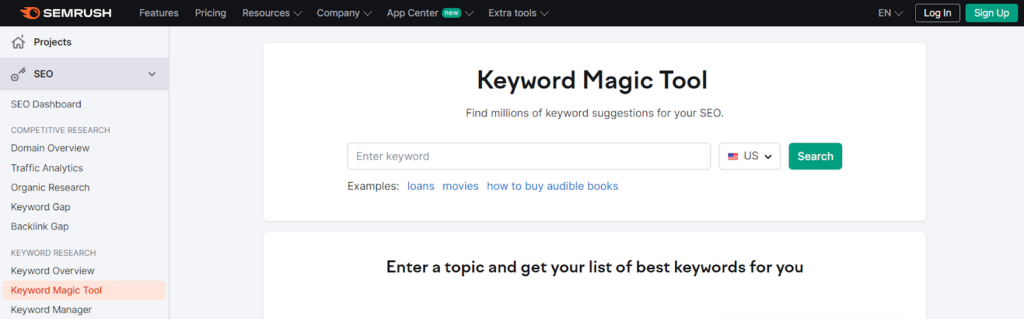 “Semrush Keyword Magic Tool interface with a search bar to enter a keyword and get keyword suggestions.”