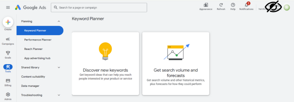 Google Ads Keyword Planner interface with options to discover new keywords and get search volume forecasts