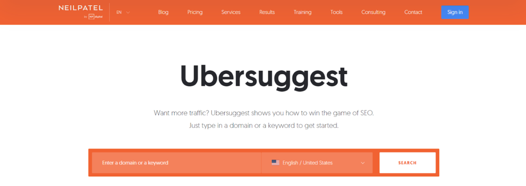 Ubersuggest homepage by Neil Patel for keyword research with a search bar to enter a domain or keyword