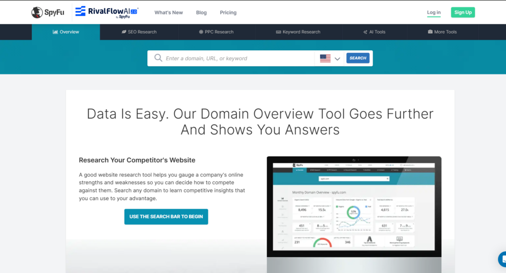 SpyFu domain overview tool interface for competitor website analysis with keyword research, SEO, and PPC data features.