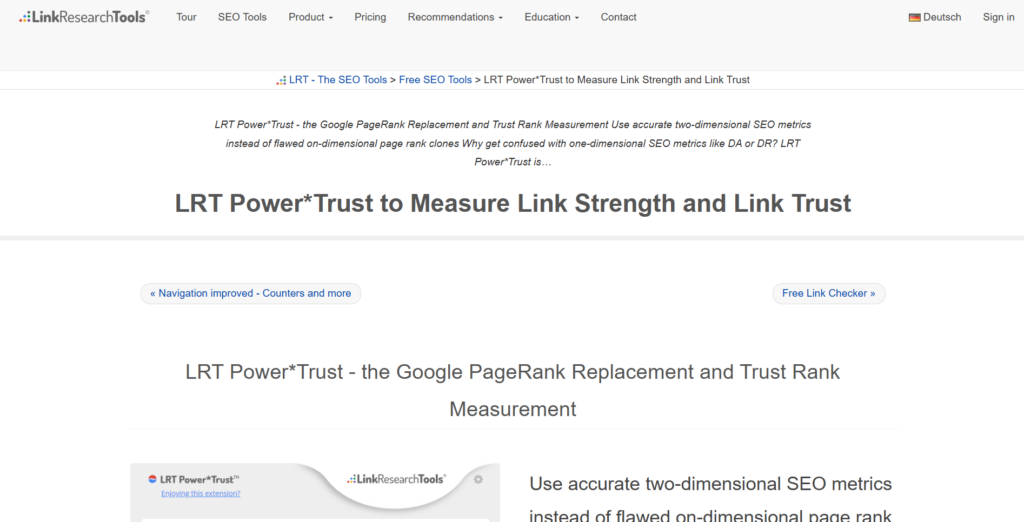 LinkResearchTools LRT Power*Trust tool showcasing Google PageRank replacement and link trust metrics using two-dimensional SEO analysis.