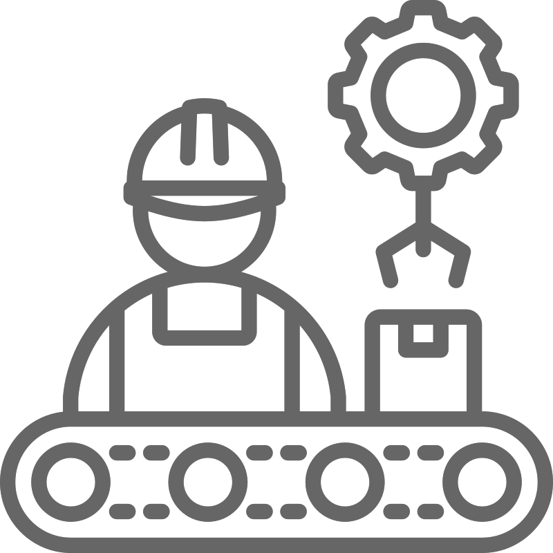 Gray outline icon of a factory worker wearing a hard hat beside a conveyor belt with a robotic arm placing a gear onto a package. Represents industrial automation, smart manufacturing, robotics, production line optimization, Industry 4.0, and automated assembly.
