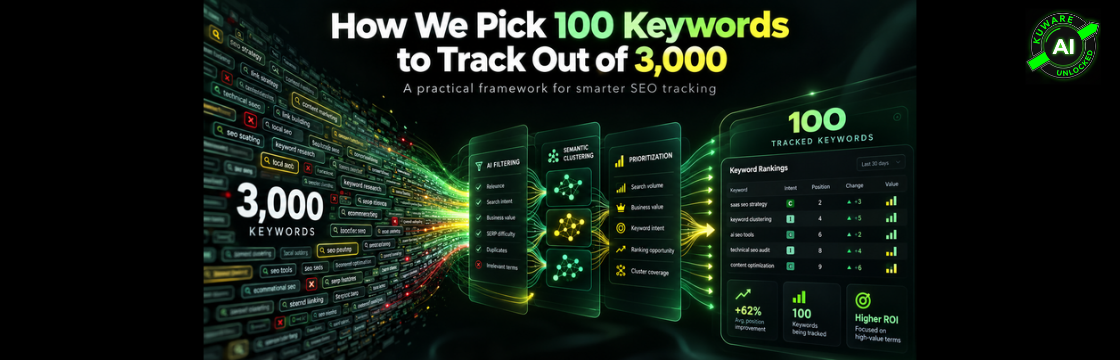 A wall of 3,000 SEO keywords flowing through AI filtering, semantic clustering and prioritization panels into a dashboard of 100 tracked keywords with rankings